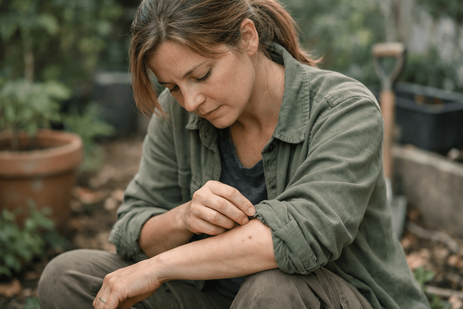 Woman checking mosquito bite on arm while wearing long-sleeved protective clothing