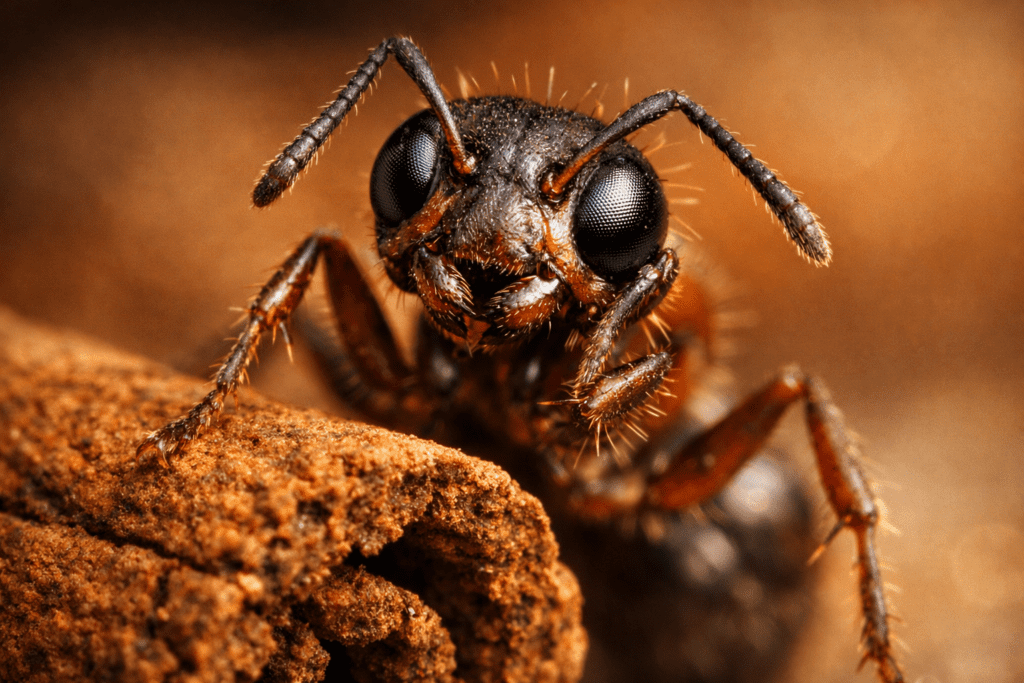 Natural ant repellent: macro photo of ant near cinnamon stick showing sensory disruption