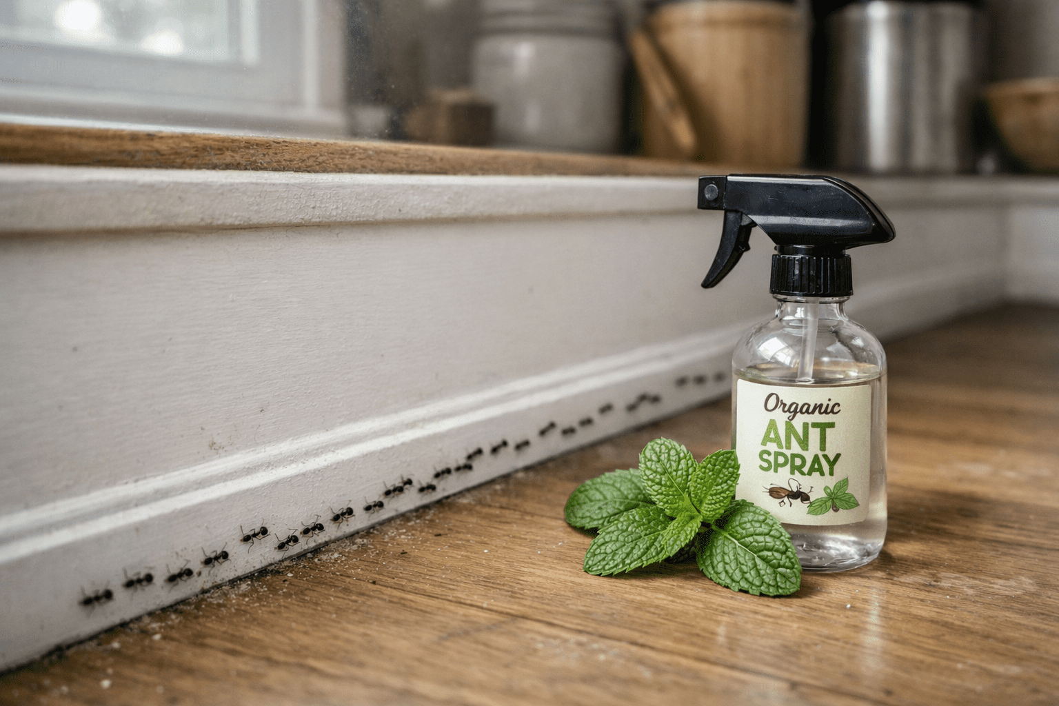 Ant control spray setup: organic repellent near kitchen baseboard with peppermint leaves