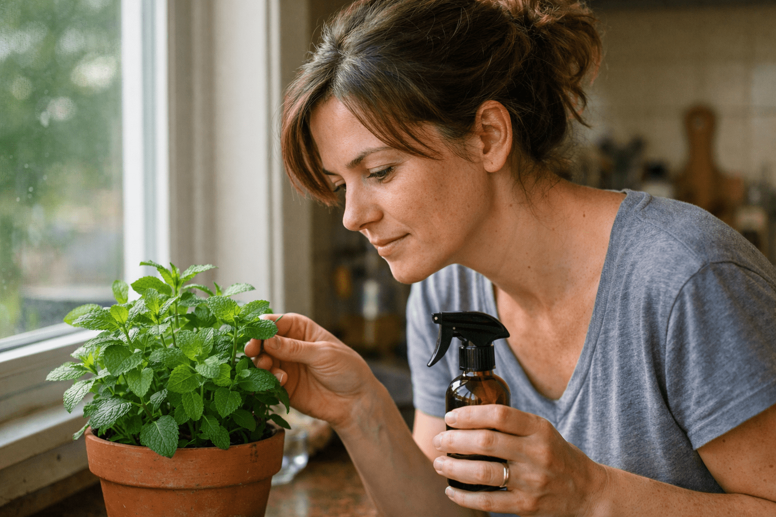 Woman applying organic ant deterrent spray to mint plant for natural pest control