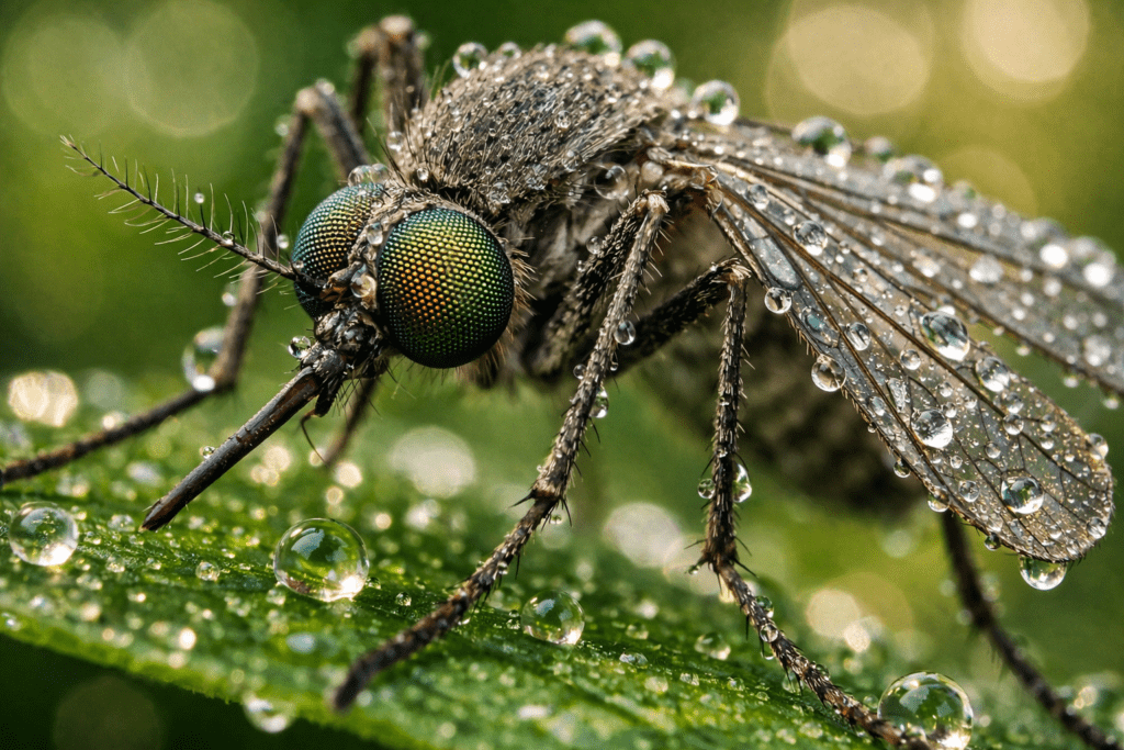 Detailed macro photograph of mosquito on leaf showing natural insect repellent prevention