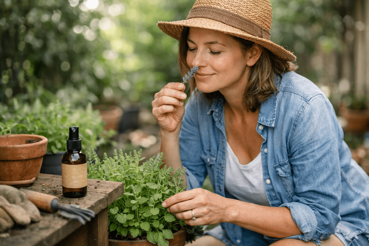 Person inspecting natural mosquito repellent plants for homemade insect control solutions