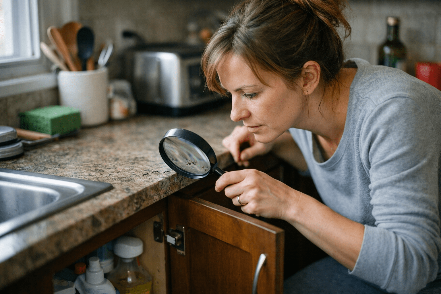 Homeowner using magnifying glass to inspect kitchen for pharaoh ant identification