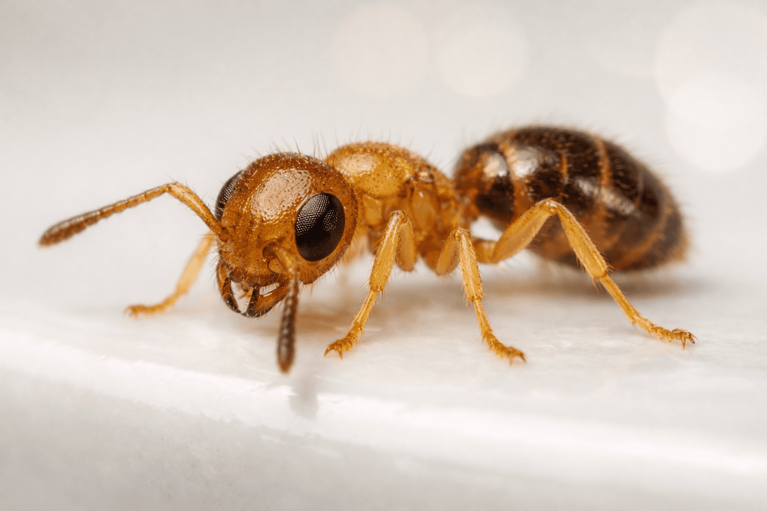 Pharaoh ant macro photography showing tiny yellowish body and antennae in sharp detail