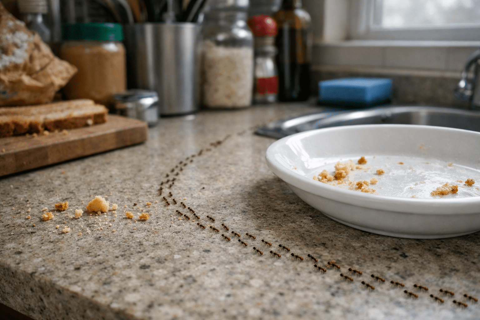 Pharaoh ants trailing across kitchen counter near dishes and food crumbs indoors