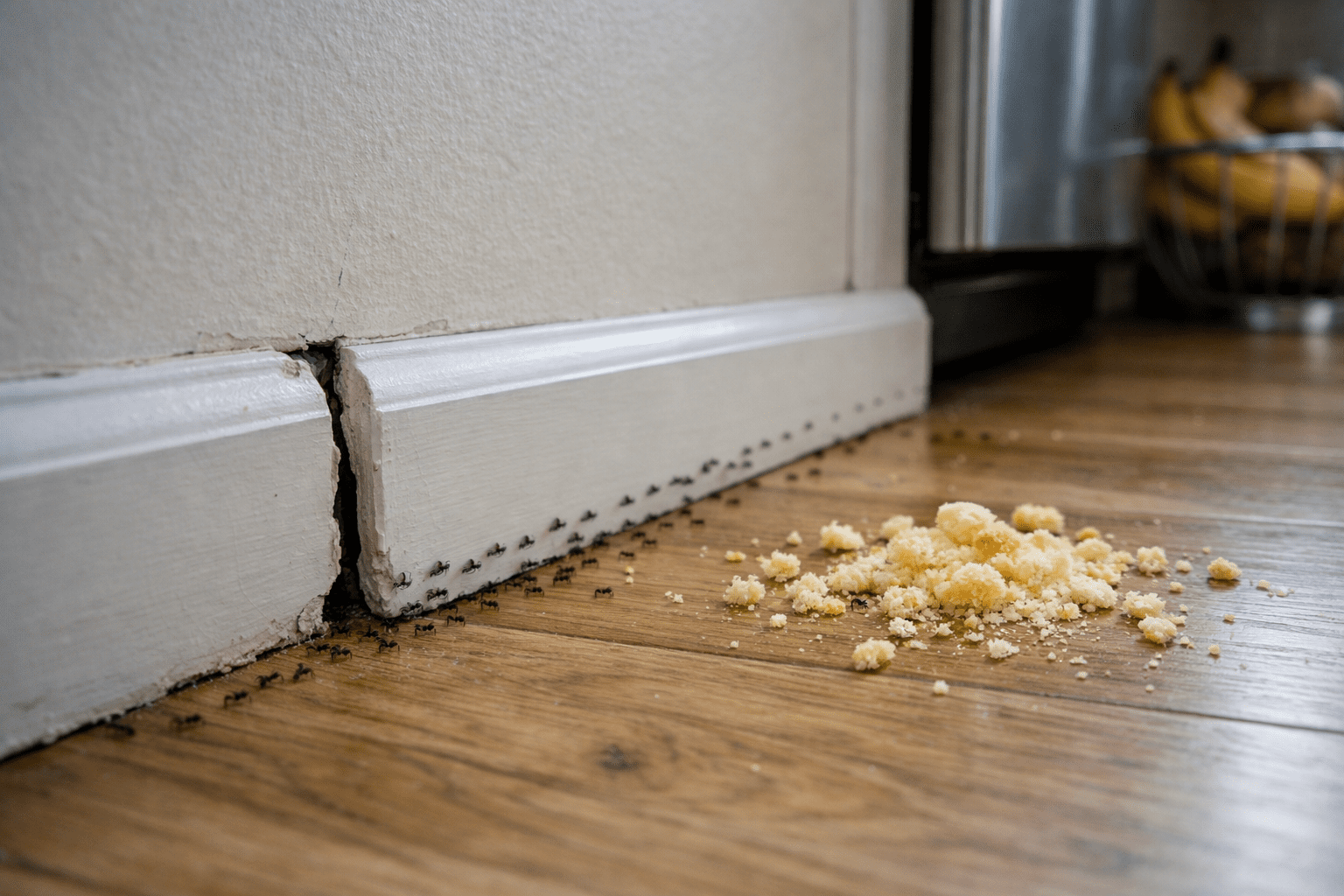 Kitchen baseboard and floor gap showing ant trail entry point and scattered food debris