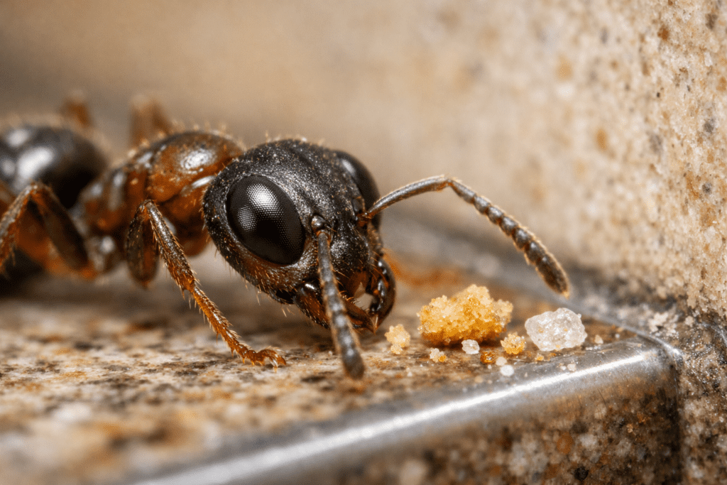 Macro close-up of ant on kitchen counter detecting food particles and entry points