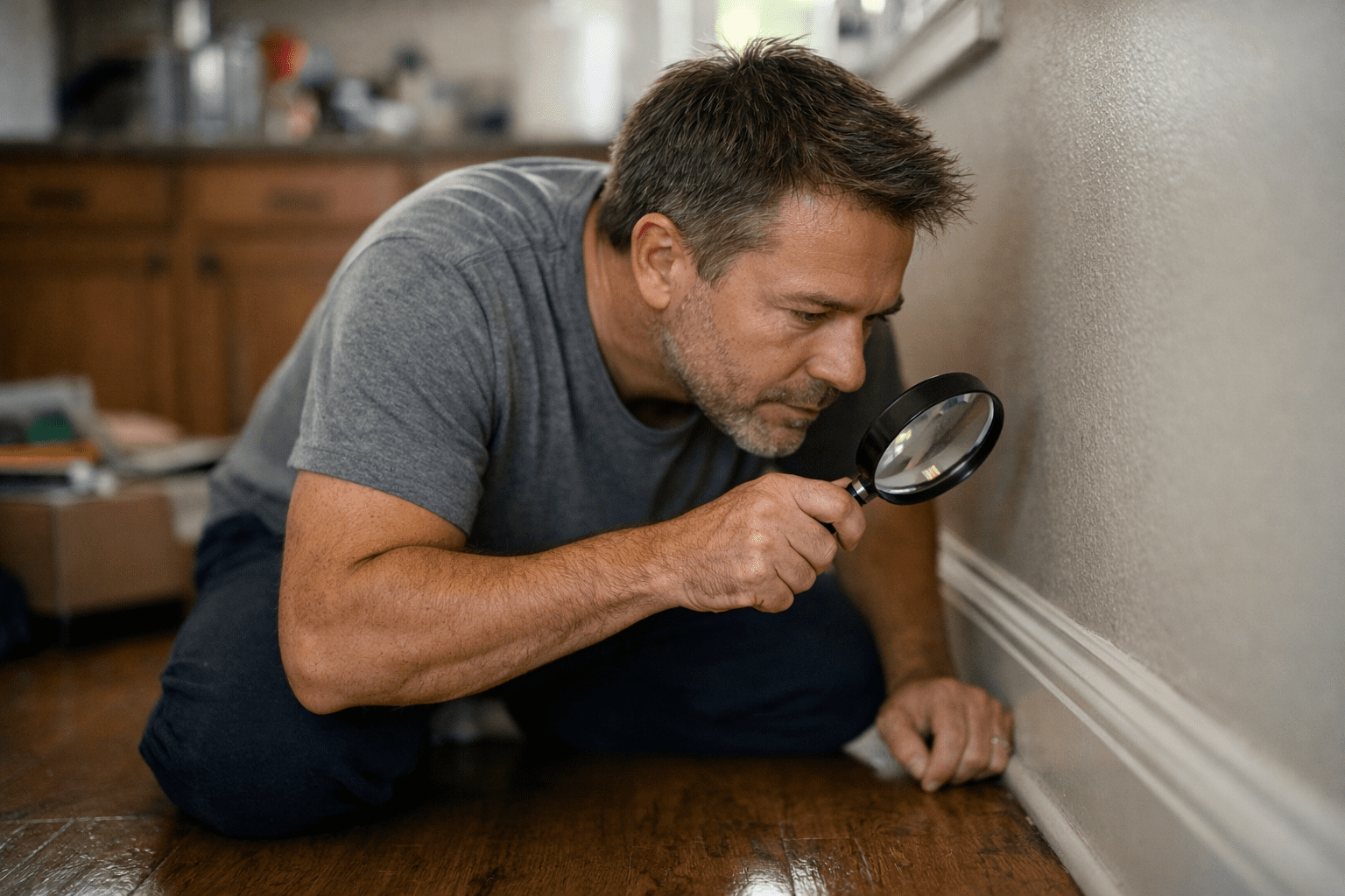 Homeowner inspecting kitchen baseboard for ant entry points and prevention measures