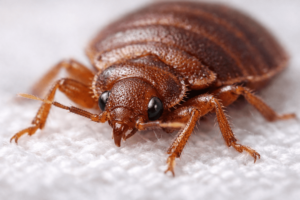 Extreme close-up of bed bug on white fabric showing detailed body structure and legs