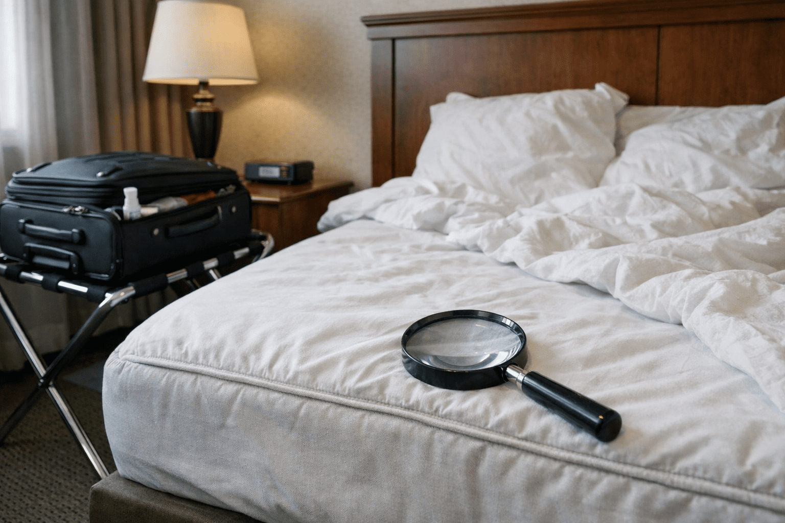 Hotel room with open suitcase and magnifying glass on bed for bed bug inspection