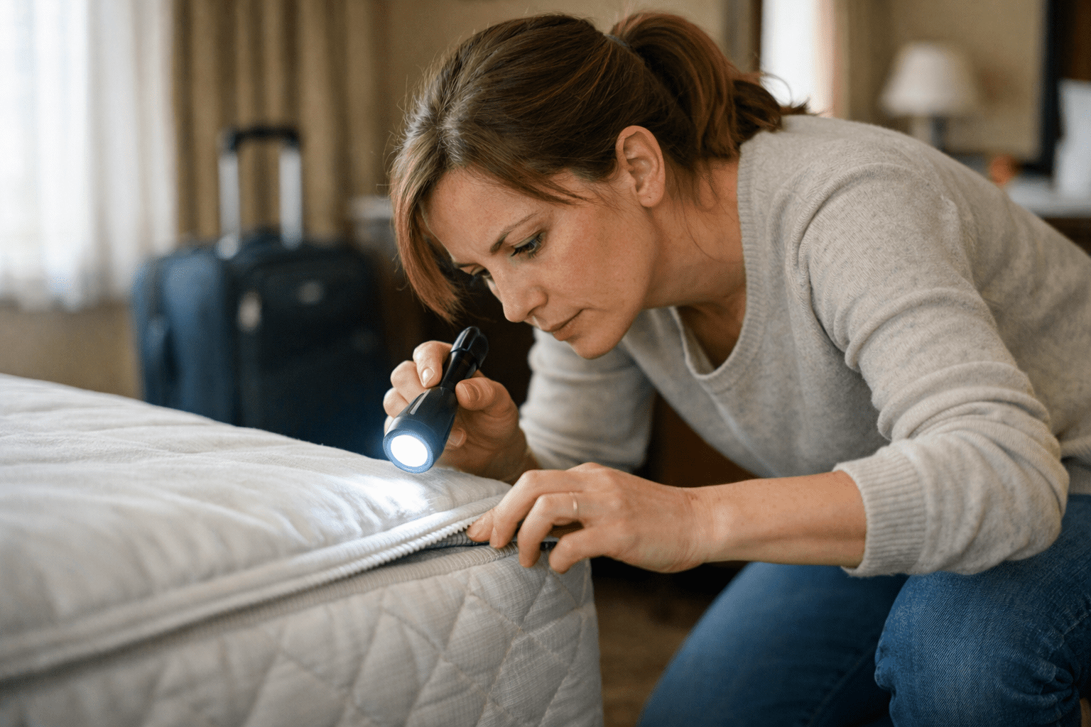 Woman inspecting hotel mattress seams with flashlight for bed bug prevention while traveling