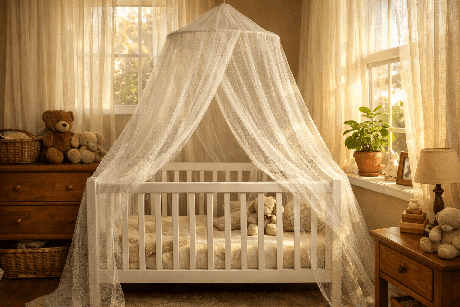 Nursery room with mosquito netting protecting baby crib from insect bites during sleep