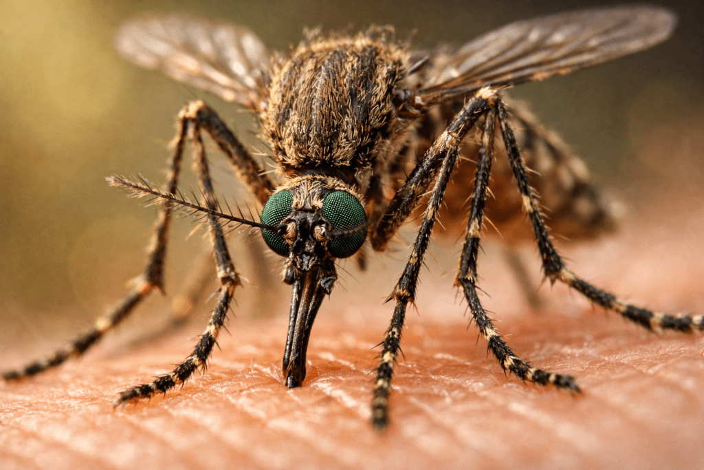Detailed macro photograph of mosquito on skin showing proboscis and body structure for mosquito bite prevention education