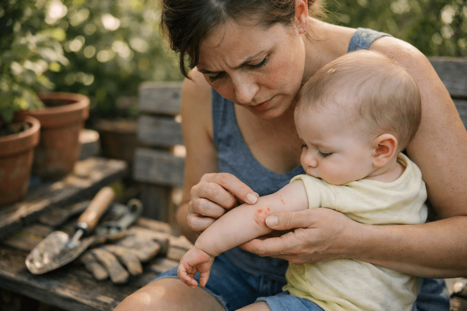 Parent inspecting baby's skin for mosquito bites in garden setting for infant insect protection