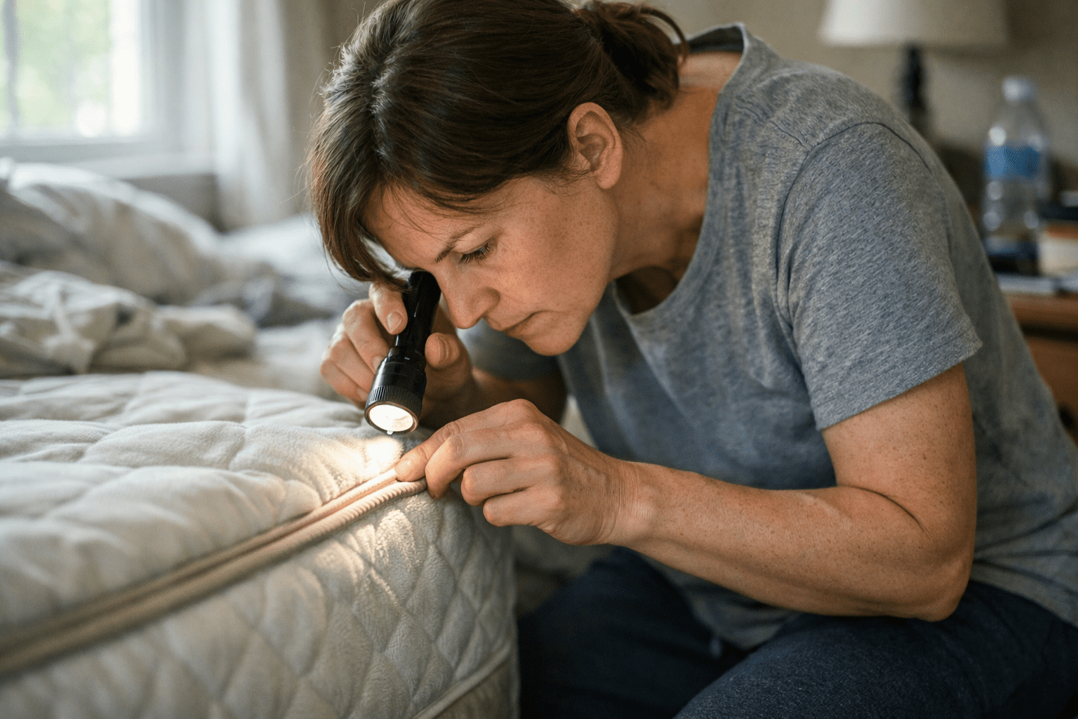 Person inspecting mattress seam with flashlight to detect bed bug infestation signs in bedroom