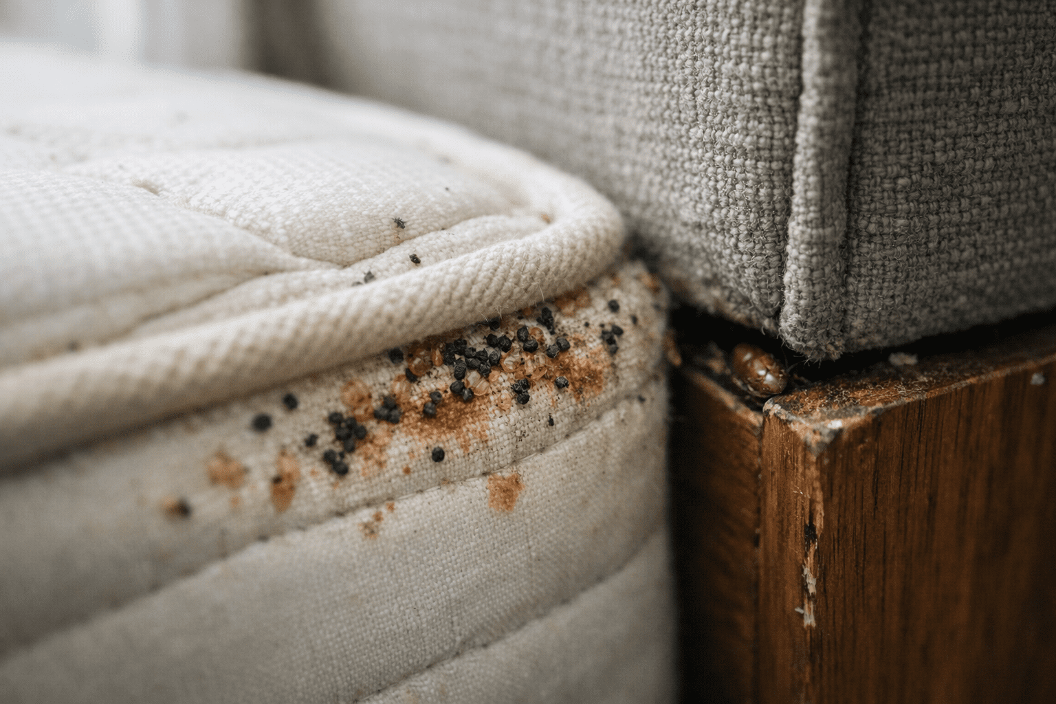 Bedroom mattress seam showing bed bug infestation signs including droppings and stains for detection