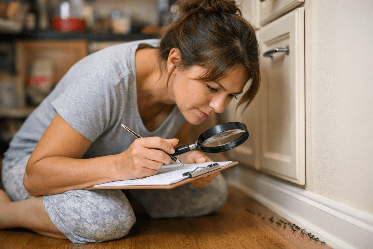 Homeowner inspecting and identifying ant species using magnifying glass for treatment planning