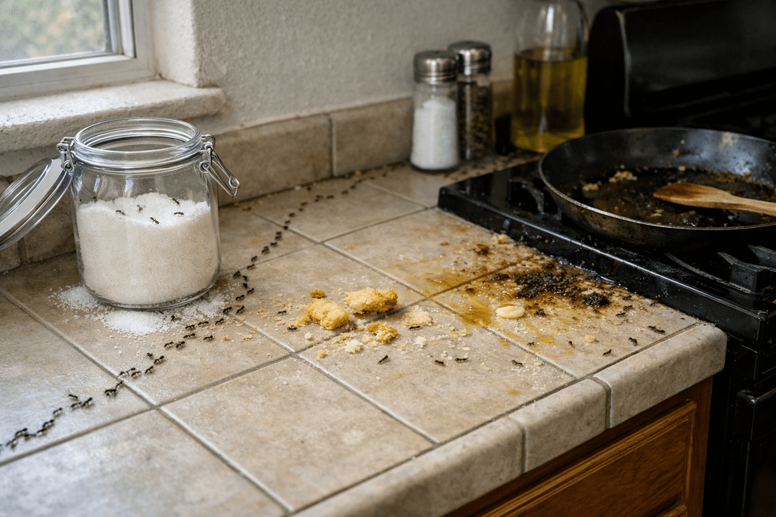 Kitchen counter with ant trail showing sugar ants and grease ants attracted to food sources
