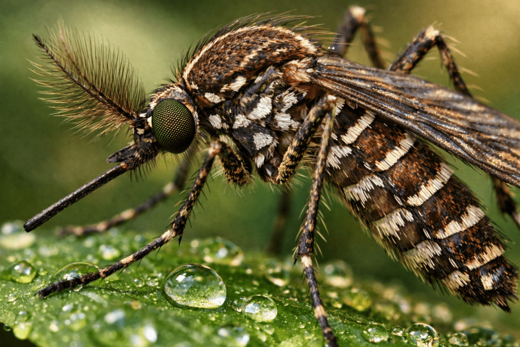 Detailed macro photograph of mosquito species showing body markings and wing scales for identification