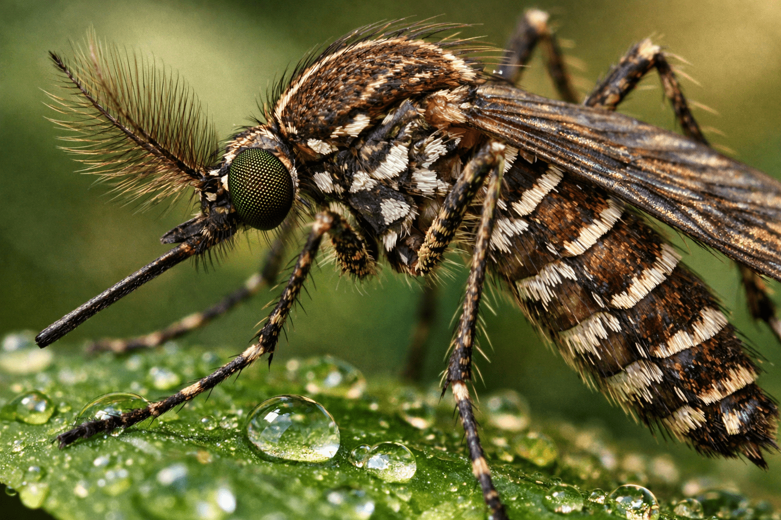 Detailed macro photograph of mosquito species showing body markings and wing scales for identification