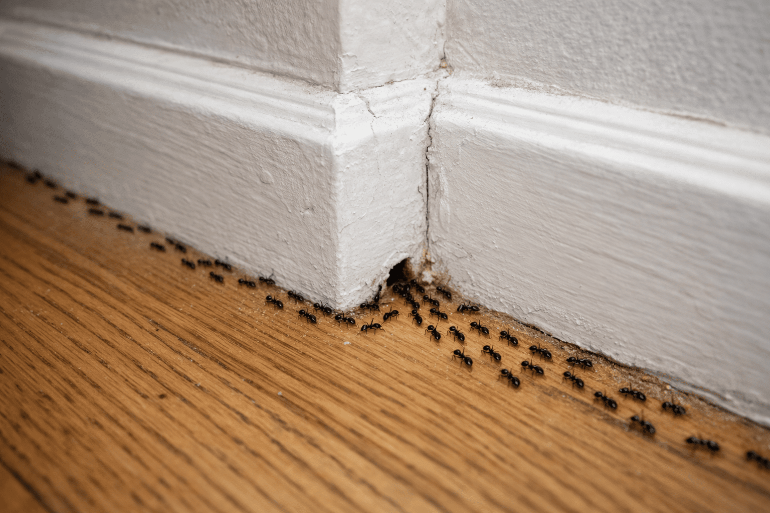 Ants marching along baseboard inside home, demonstrating indoor ant infestation and entry paths