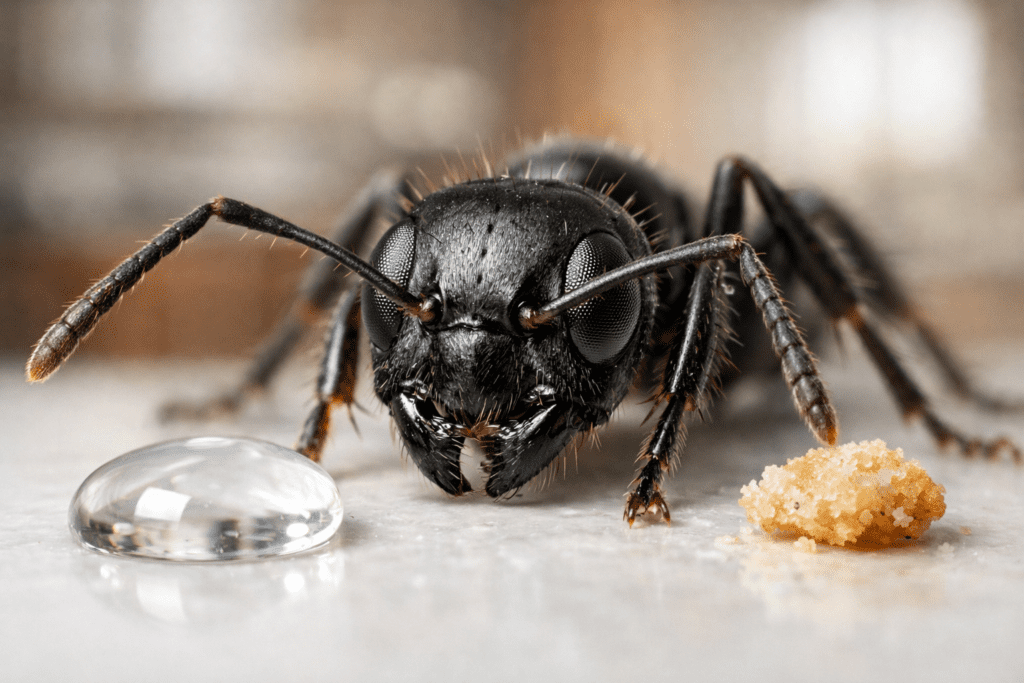 Macro photograph of ant on kitchen counter near water droplet and crumb, showing why ants enter homes