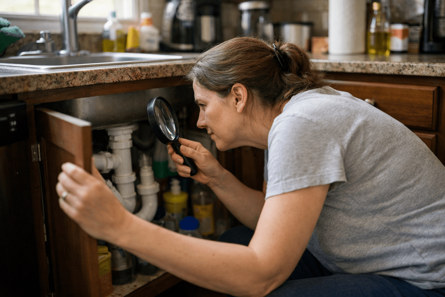 Homeowner inspecting under sink for water leaks and ant entry points, practical ant prevention method