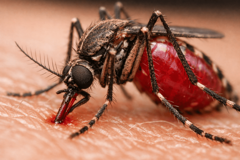 Extreme close-up macro of female mosquito biting human skin, showing proboscis and blood meal
