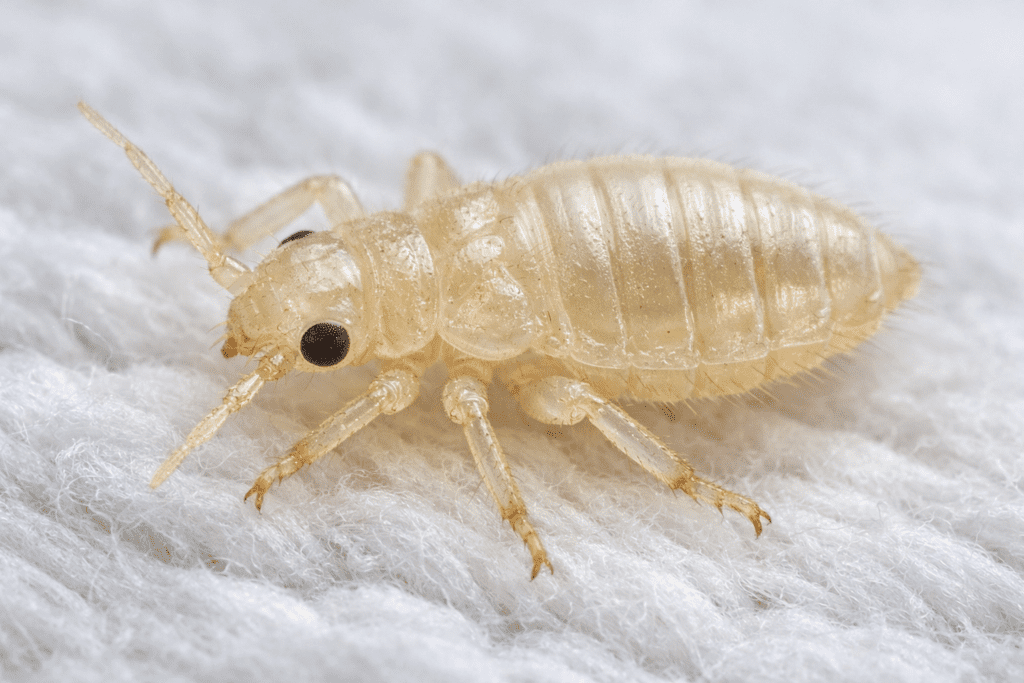 Extreme close-up of a pale bed bug nymph on white fabric showing translucent body and leg details