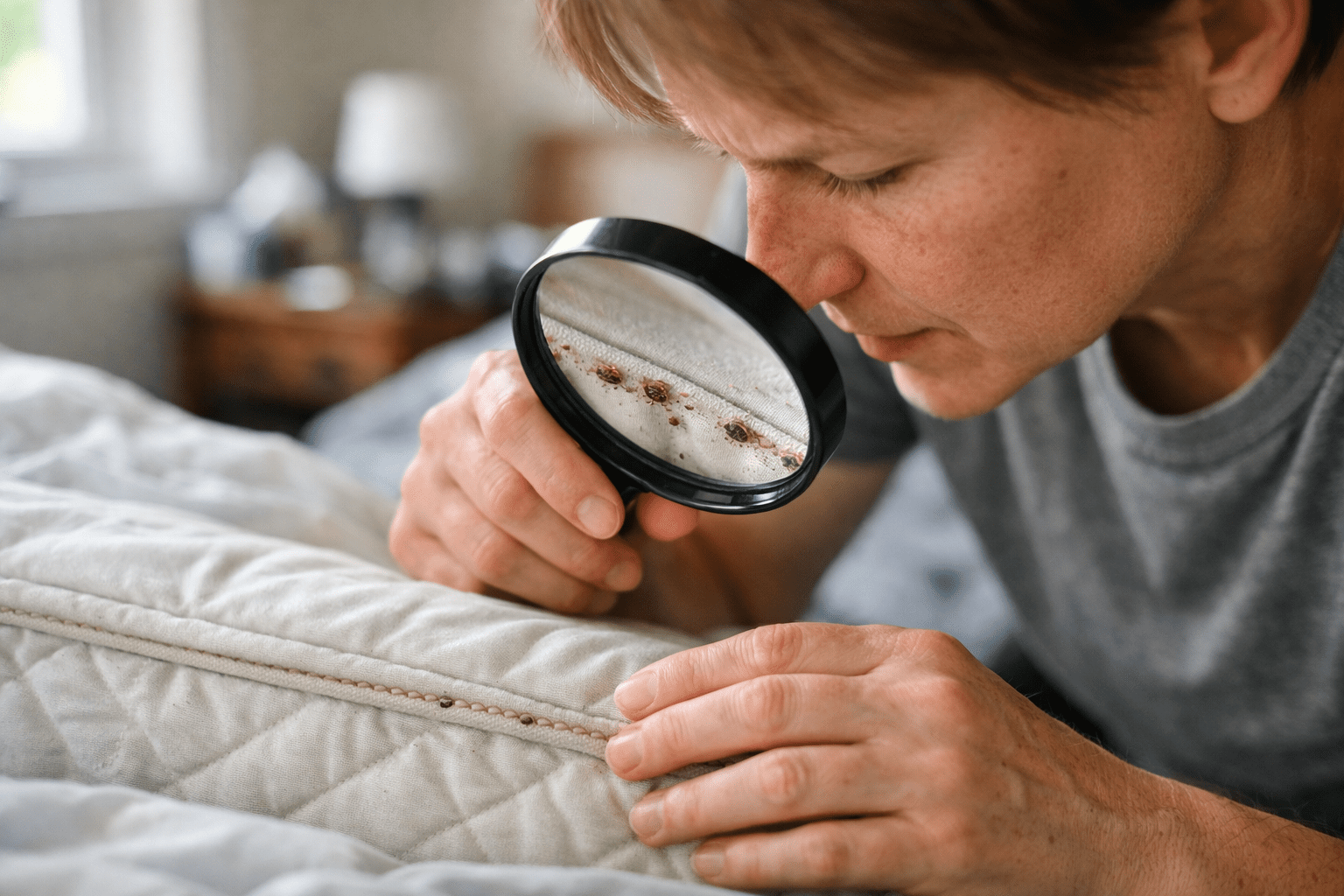 Person using magnifying glass to inspect mattress seam for bed bug nymphs during home inspection