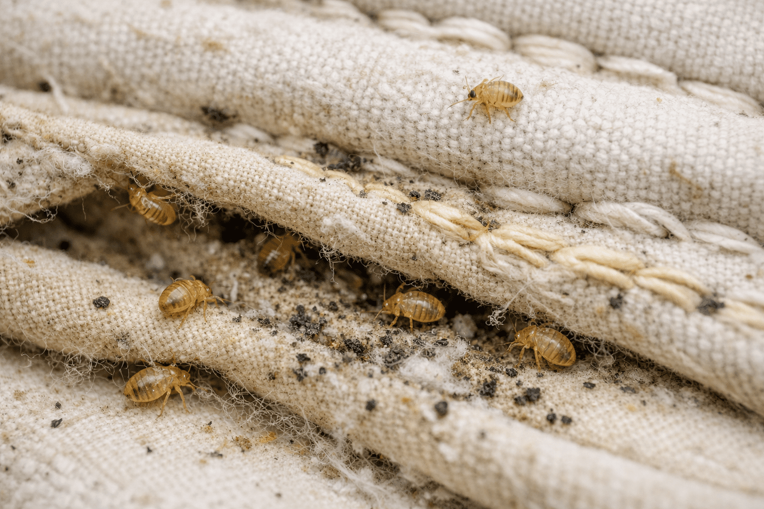 Bed bug nymphs hiding in mattress seam folds among fabric and dust particles