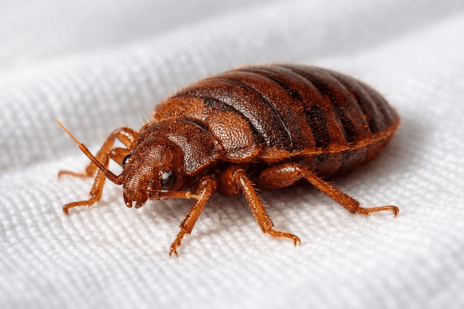 Detailed macro photograph of bed bug on hotel bedsheet showing body structure and coloring