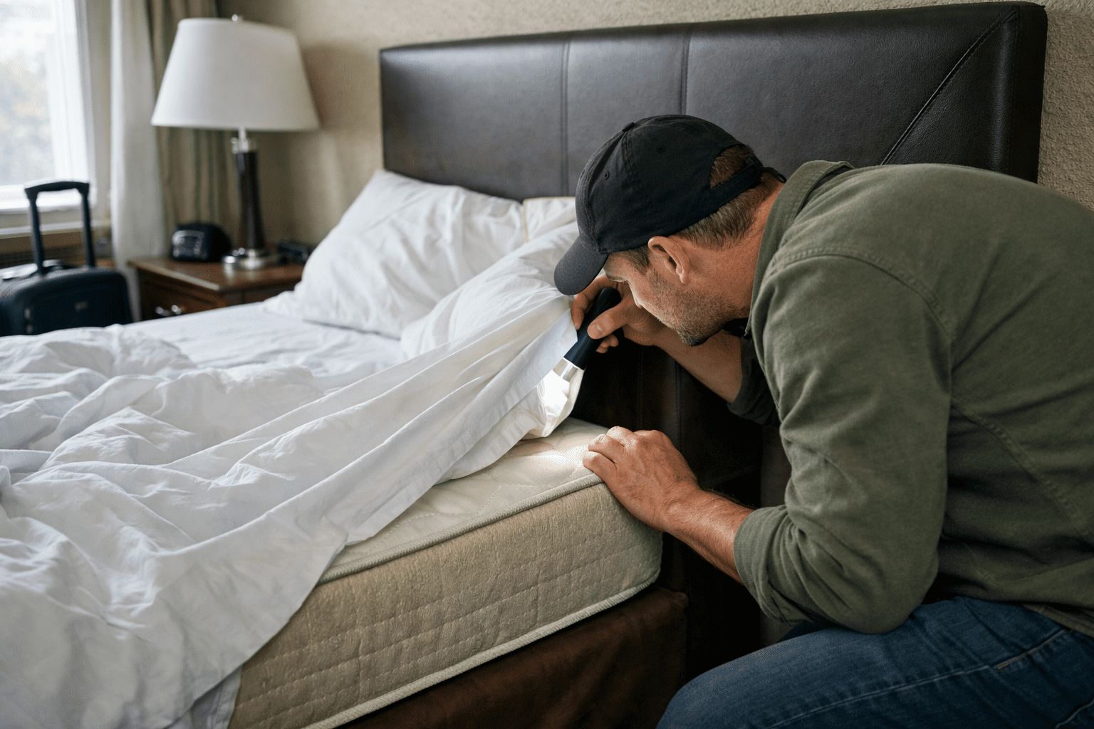 Hotel guest inspecting mattress seams and headboard for bed bug prevention signs