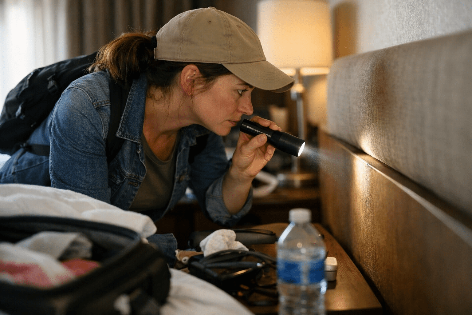 Traveler using flashlight to check hotel room for bed bugs before unpacking luggage