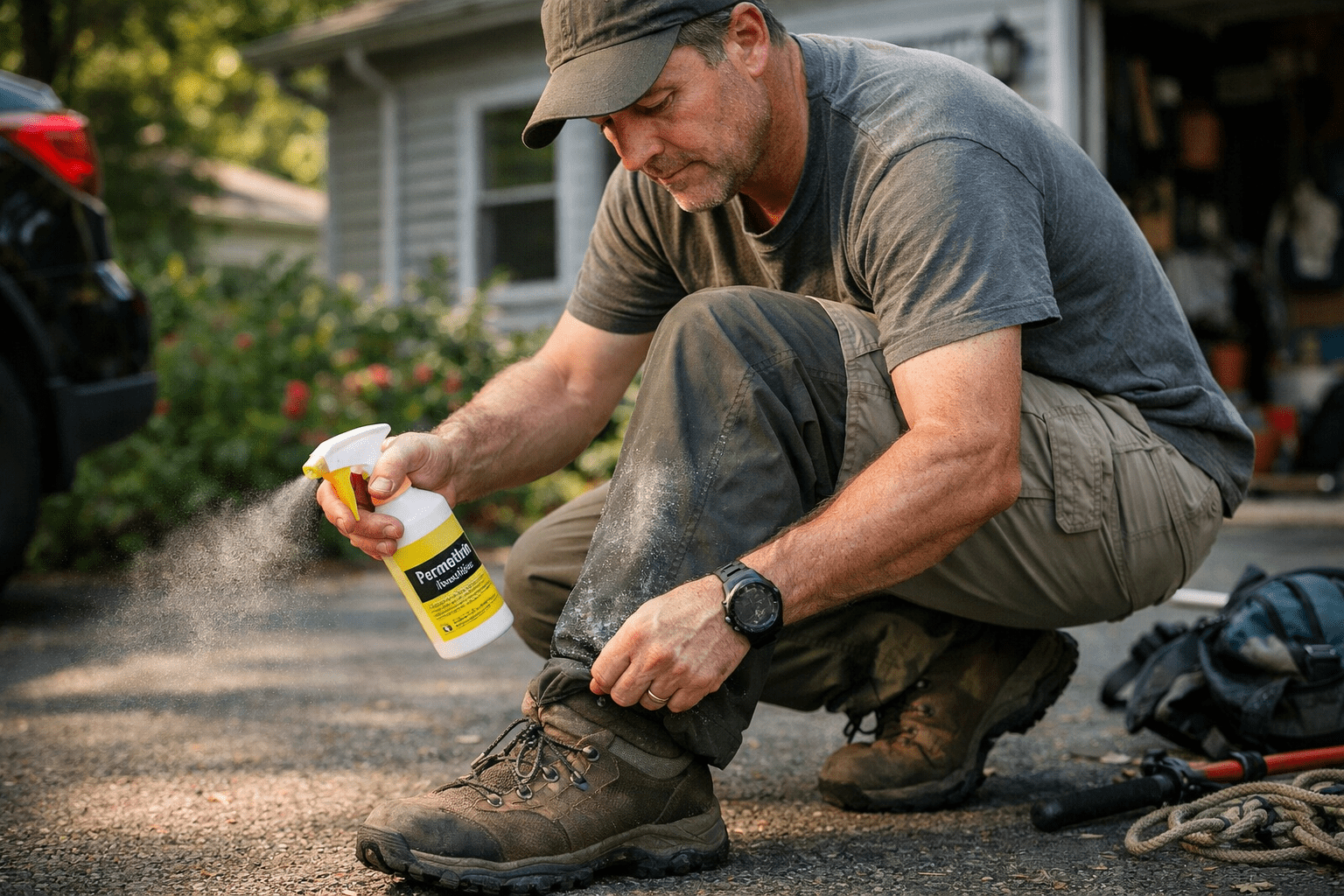 Hiker spraying permethrin on hiking gear and boots for tick prevention before outdoor adventure