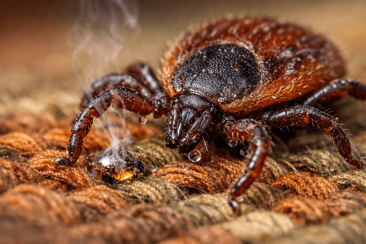 Macro photo of tick on treated fabric showing permethrin spray clothing protection effectiveness
