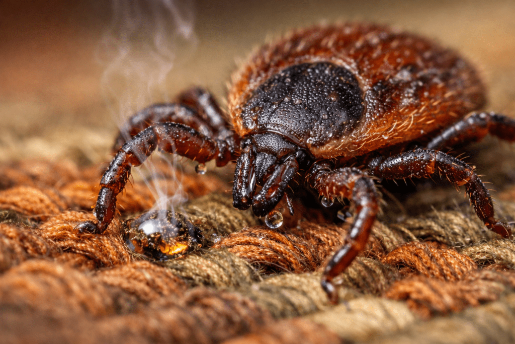 Macro photo of tick on treated fabric showing permethrin spray clothing protection effectiveness