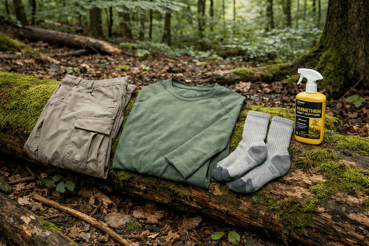 Hiking clothes and permethrin spray bottle arranged on forest log for tick prevention gear setup