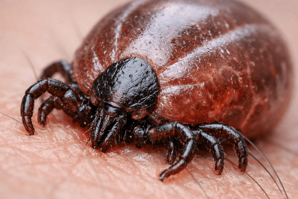 Detailed macro photo of engorged tick on skin showing mouthparts and legs for tick removal education