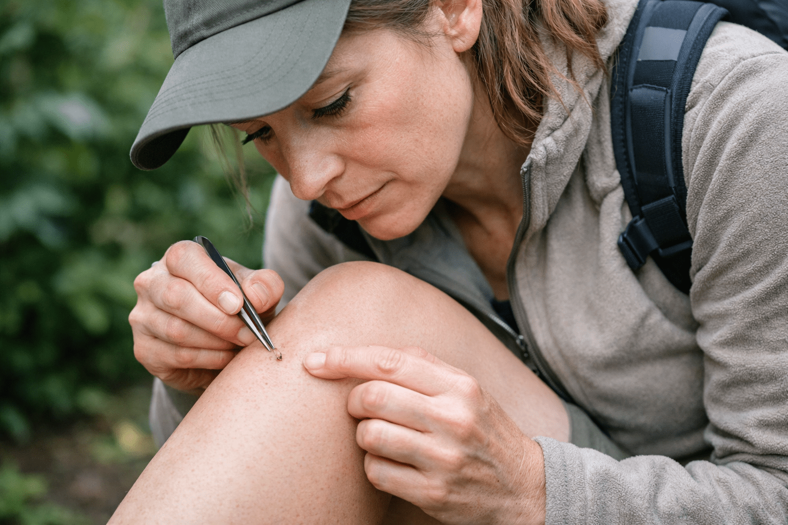Woman using tweezers to safely remove tick from leg after outdoor activity in natural setting