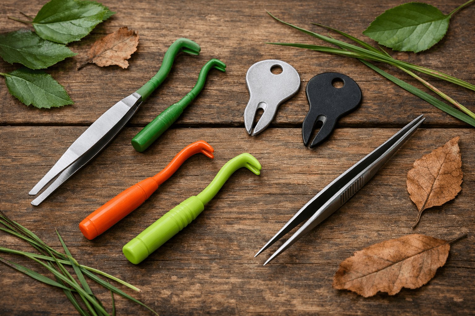 Collection of different tick removal tools including tweezers and hooks arranged with natural elements