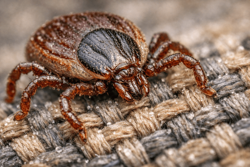 Macro photograph of tick on permethrin-treated hiking fabric showing protective weave texture