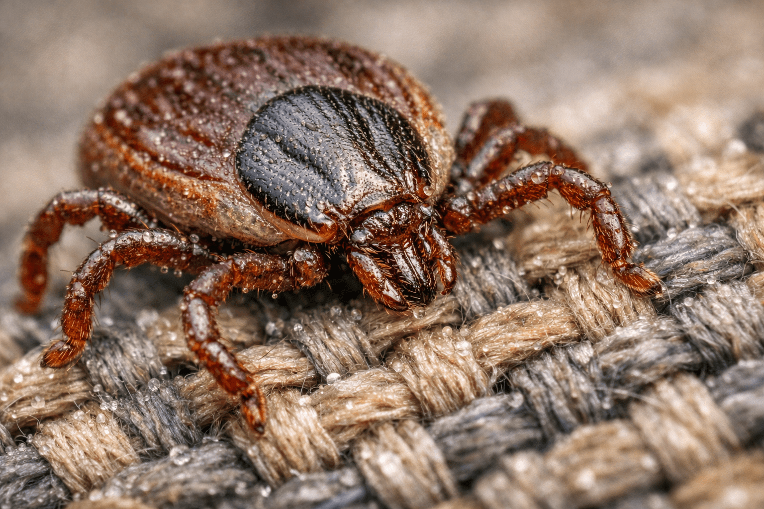 Macro photograph of tick on permethrin-treated hiking fabric showing protective weave texture