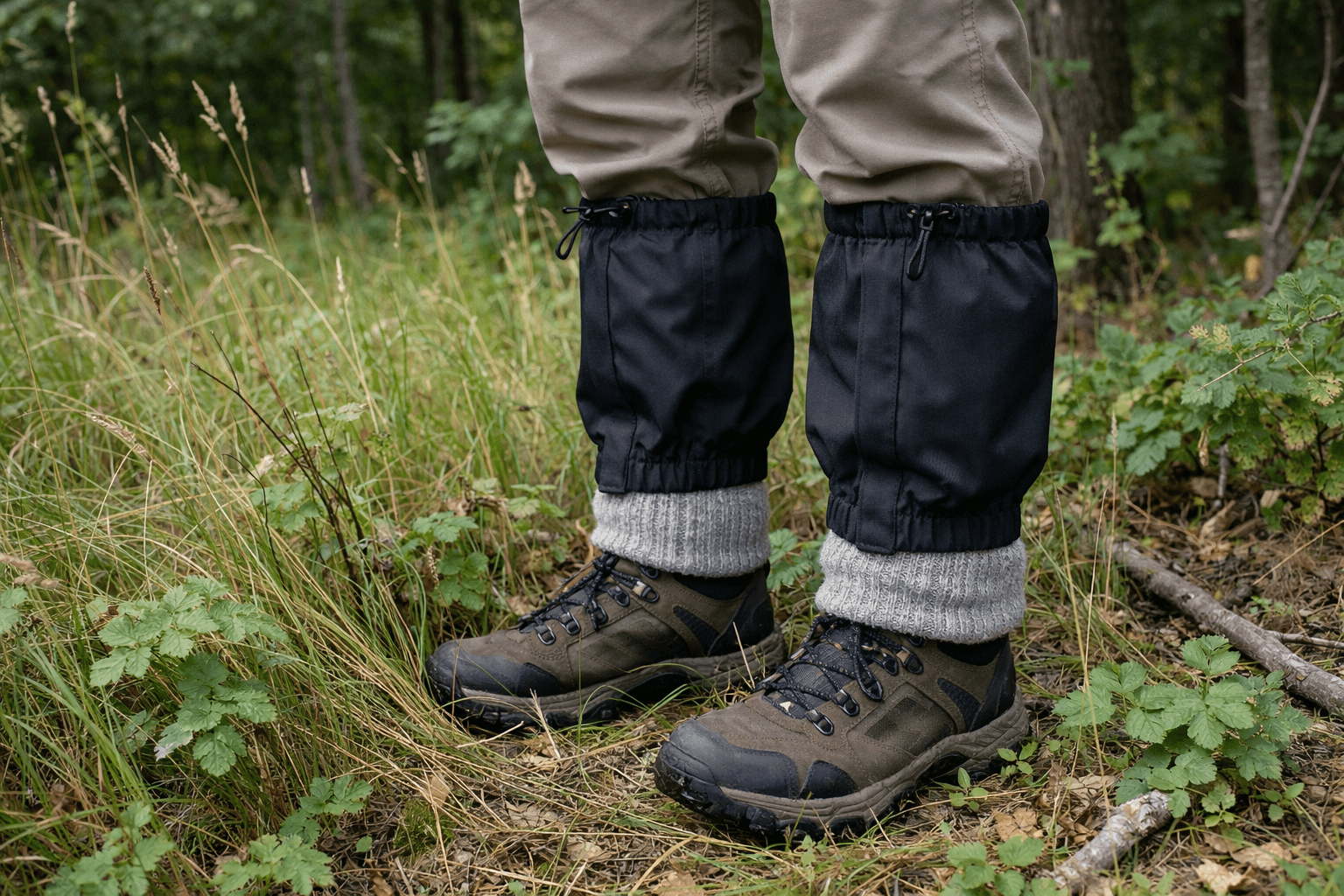 Hiker wearing tick-repellent gaiters and treated pants in tall grass near forest for outdoor protection