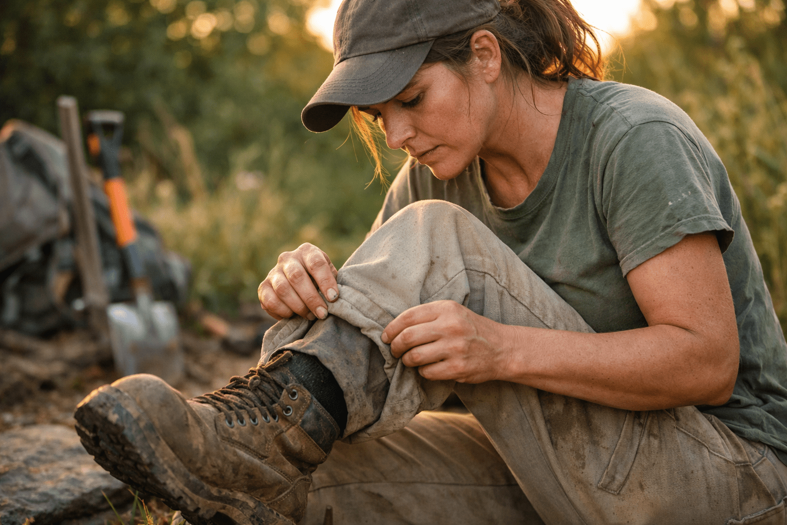 Outdoor worker checking treated clothing for ticks after fieldwork, practical pest prevention routine