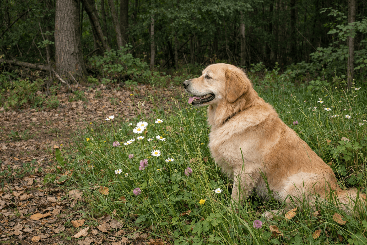Dog in tall grass near wooded area, typical tick-prone outdoor habitat for pets