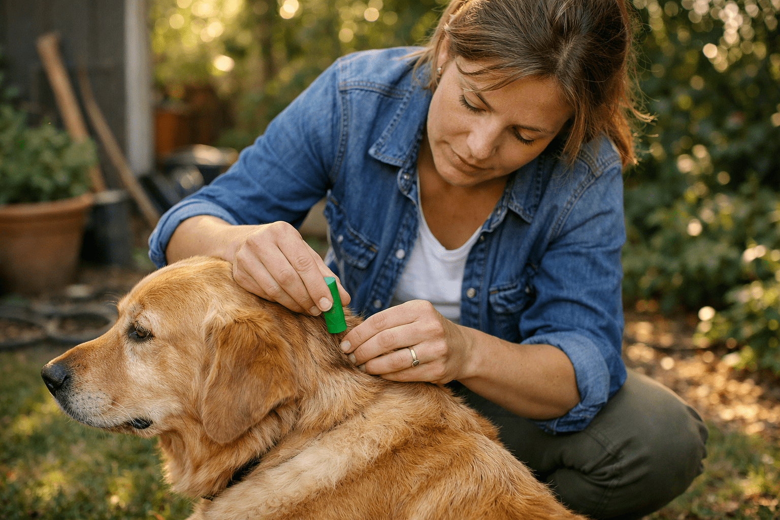 Woman applying tick prevention treatment to dog in backyard garden setting