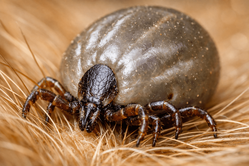 Macro close-up of an engorged tick on dog fur showing detailed anatomy and legs