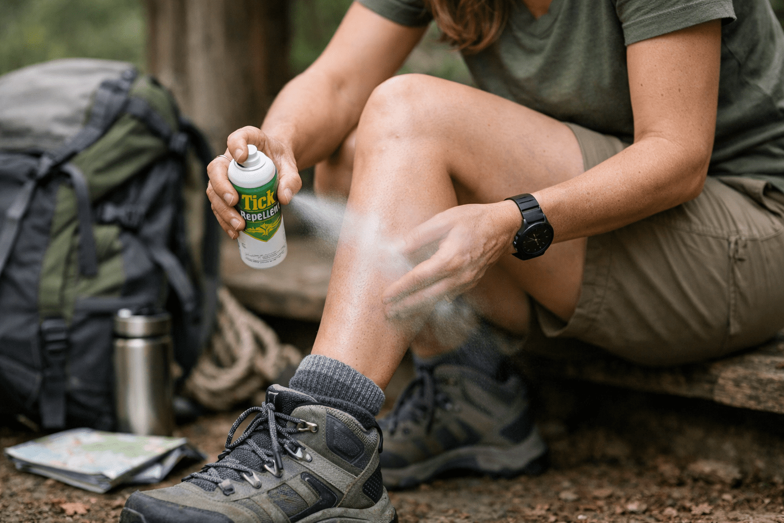 Woman applying tick repellent spray to legs before hiking, demonstrating practical tick prevention method