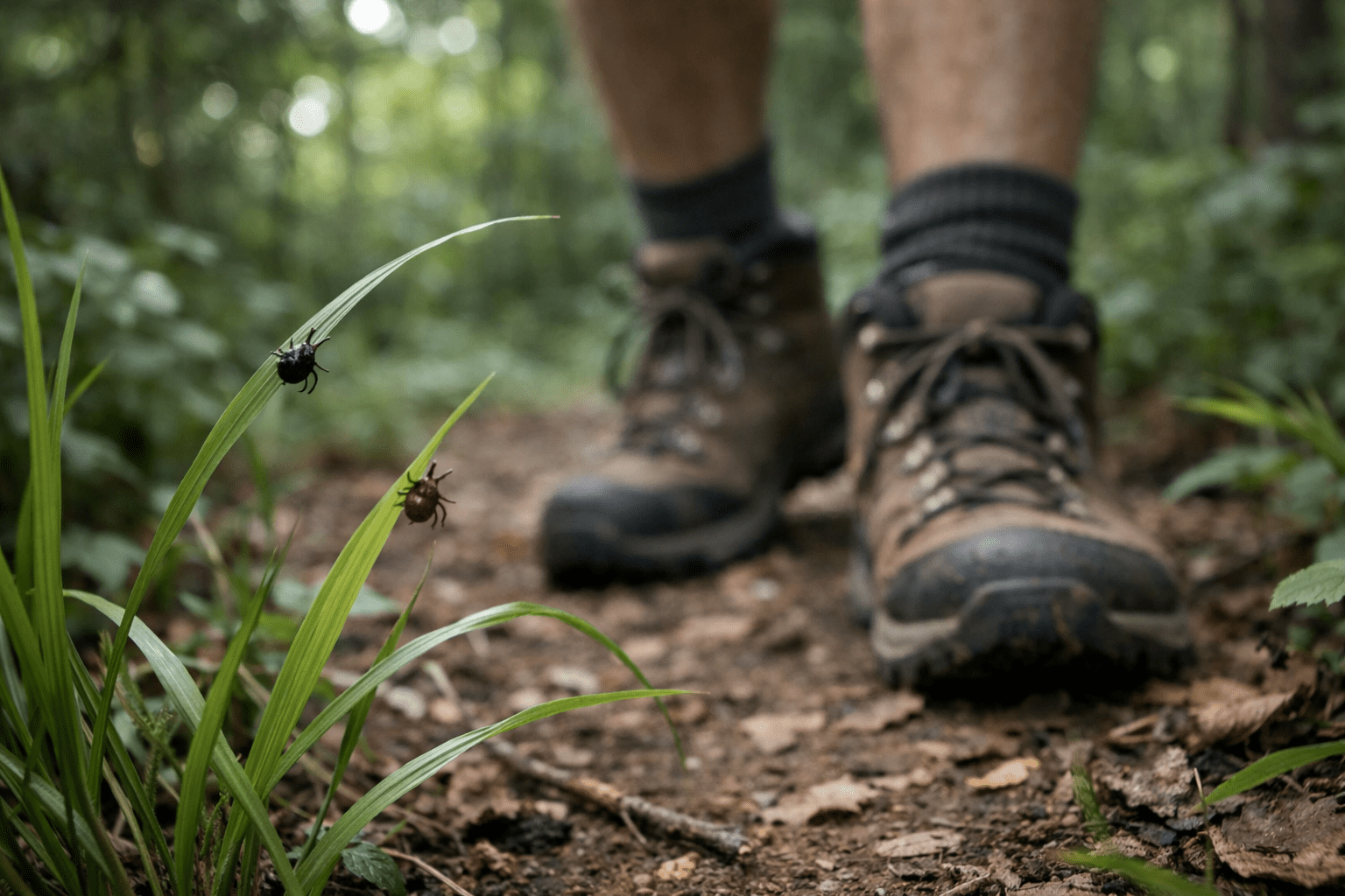 Forest trail and tall grass habitat where ticks thrive, illustrating need for tick repellent outdoors